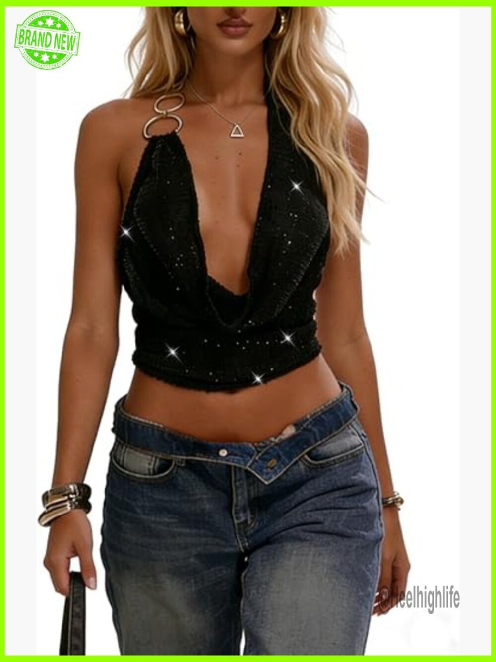 Sequin Halter Top Backless Crop Blouse Y2K Sparkly Going Out Top